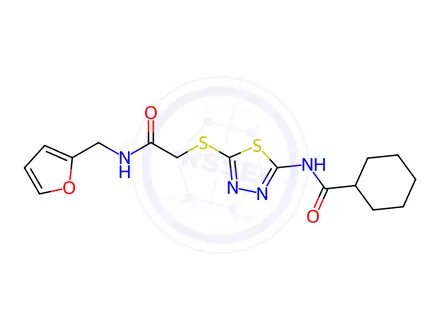 Chemical structure of N-(5-((2-((Furan-2-ylmethyl)amino)-2-oxoethyl)thio)-1,3,4-thiadiazol-2-yl)cyclohexanecarboxamide