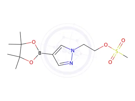 Chemical structure of 2-(4-(4,4,5,5-Tetramethyl-1,3,2-dioxaborolan-2-yl)-1H-pyrazol-1-yl)ethyl methanesulfonate