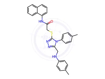 Chemical structure of N-(naphthalen-1-yl)-2-((4-(p-tolyl)-5-((p-tolylamino)methyl)-4H-1,2,4-triazol-3-yl)thio)acetamide