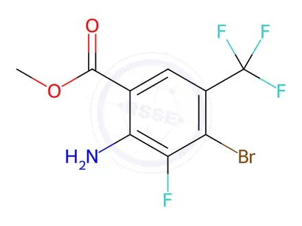 Chemical structure of Benzoic acid, 2-amino-4-bromo-3-fluoro-5-(trifluoromethyl)-, methyl ester