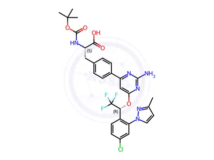 Chemical structure of (S)-3-(4-(2-amino-6-((R)-1-(4-chloro-2-(3-methyl-1H-pyrazol-1-yl)phenyl)-2,2,2-trifluoroethoxy)pyrimidin-4-yl)phenyl)-2-(tert-butoxycarbonyl)propanoic acid