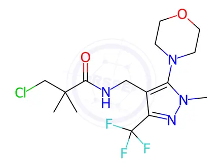 Chemical structure of 3-chloro-2,2-dimethyl-N-{[1-methyl-5-morpholino-3-(trifluoromethyl)-1H-pyrazol-4-yl]methyl}propanamide