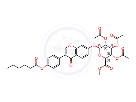 Chemical structure of Methyl (4'-O-Hexanoyldaidzein-7-yl-β-D-2'',3'',4''-tri-O-acetylglucopyranosid)urinate