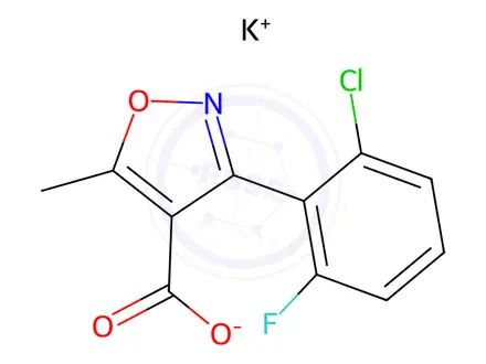 Chemical structure of potassium 3-(2-chloro-6-fluorophenyl)-5-methylisoxazole-4-carboxylate