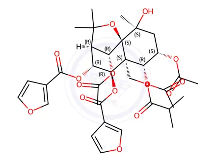 Chemical structure of 3-Furancarboxylic acid, 3,3'-[(3R,4R,5R,5aS,6R,7S,9S,9aS,10R)-6,7,10-tris(acetyloxy)octahydro-9-hydroxy-2,2,9-trimethyl-5a-[(2-methyl-1-oxopropoxy)methyl]-2H-3,9a-methano-1-benzoxepin-4,5-diyl] ester