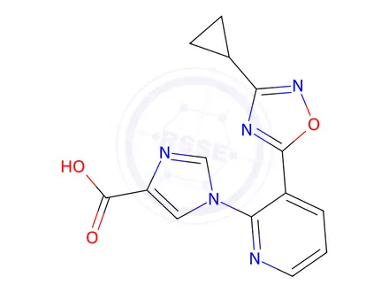 Chemical structure of 1-[3-(3-Cyclopropyl-1,2,4-oxadiazol-5-yl)pyridin-2-yl]-1H-imidazole-4-carboxylic acid