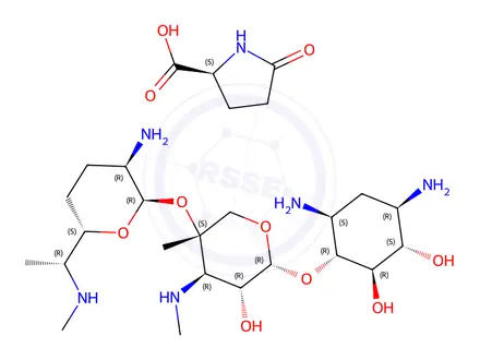 Chemical structure of l-Proline, 5-oxo-, compd. with O-2-amino-2,3,4,6,7-pentadeoxy-6-(methylamino)-alpha-d-ribo-heptopyranosyl-(1->4)-O-[3-deoxy-4-C-methyl-3-(methylamino)-beta-l-arabinopyranosyl-(1->6