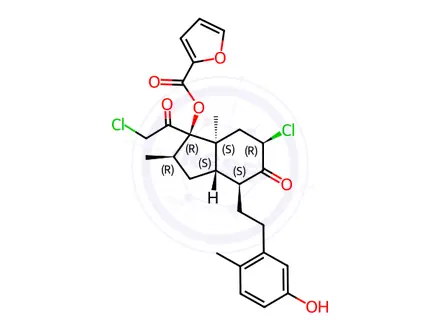 Chemical structure of 2-Furancarboxylic acid, (1R,2R,3aS,4S,6R,7aS)-6-chloro-1-(2-chloroacetyl)octahydro-4-[2-(5-hydroxy-2-methylphenyl)ethyl]-2,7a-dimethyl-5-oxo-1H-inden-1-yl ester