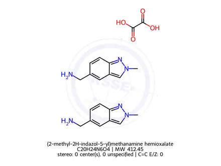 Chemical structure of (2-methyl-2H-indazol-5-yl)methanamine hemioxalate