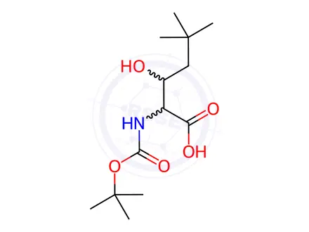 Chemical structure of (2S)-2-((tert-butoxycarbonyl)amino)-3-hydroxy-5,5-dimethylhexanoic acid