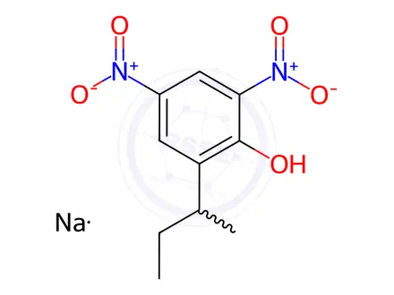 Chemical structure of sodium 2-(1-methylpropyl)-4,6-dinitrophenolate