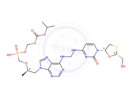 Chemical structure of ((hydroxy((((R)-1-(6-((((1-((2R,5S)-2-(hydroxymethyl)-1,3-oxathiolan-5-yl)-2-oxo-1,2-dihydropyrimidin-4-yl)amino)methyl)amino)-9H-purin-9-yl)propan-2-yl)oxy)methyl)phosphoryl)oxy)methyl isopropyl carbonate