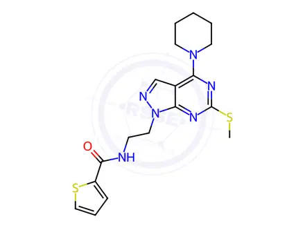 Chemical structure of N-(2-(6-(Methylthio)-4-(piperidin-1-yl)-1H-pyrazolo[3,4-d]pyrimidin-1-yl)ethyl)thiophene-2-carboxamide