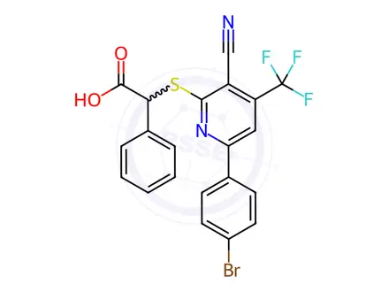 Chemical structure of 2-{[6-(4-bromophenyl)-3-cyano-4-(trifluoromethyl)-2-pyridinyl]sulfanyl}-2-phenylacetic acid