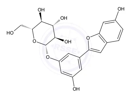 Chemical structure of 152041-26-4 Moracin M-3'-O-glucopyranoside beta-D-Glucopyranoside, 3-hydroxy-5-(6-hydroxy-2-benzofuranyl)phenyl MMGP