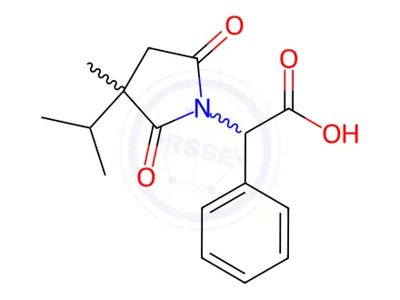 Chemical structure of 2-[3-Methyl-2,5-dioxo-3-(propan-2-yl)pyrrolidin-1-yl]-2-phenylacetic Acid