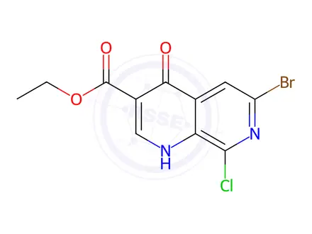 Chemical structure of 1,7-Naphthyridine-3-carboxylic acid, 6-bromo-8-chloro-4-hydroxy-, ethyl ester