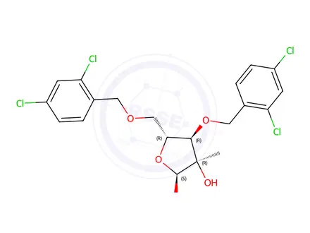 Chemical structure of Methyl 3-5-di-O-(2-4-dichlorobenzyl)-2-C-methyl-α-D-ribofuranoside