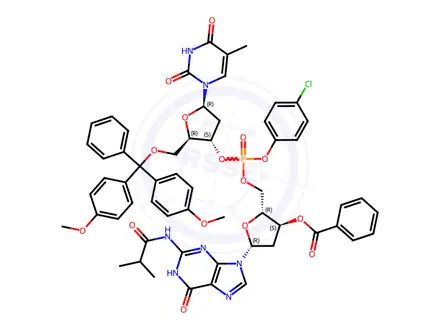 Chemical structure of 5'-O-[bis(4-methoxyphenyl)phenylmethyl]-P-(4-chlorophenyl)thymidylyl-(3'->5')-2'-deoxy-N-(2-methyl-1-oxopropyl)guanosine 3'-benzoate