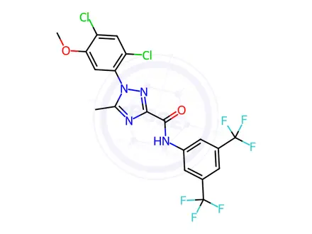 Chemical structure of N-(3,5-bis(trifluoromethyl)phenyl)-1-(2,4-dichloro-5-methoxyphenyl)-5-methyl-1H-1,2,4-triazole-3-carboxamide