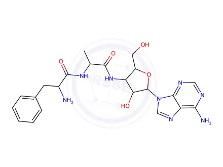 Chemical structure of 2-Amino-N-(1-((5-(6-amino-9H-purin-9-yl)-4-hydroxy-2-(hydroxymethyl)tetrahydrofuran-3-yl)amino)-1-oxopropan-2-yl)-3-phenylpropanamide