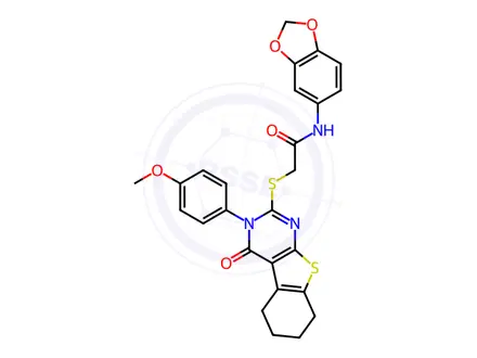 Chemical structure of N-(Benzo[d][1,3]dioxol-5-yl)-2-((3-(4-methoxyphenyl)-4-oxo-3,4,5,6,7,8-hexahydrobenzo[4,5]thieno[2,3-d]pyrimidin-2-yl)thio)acetamide
