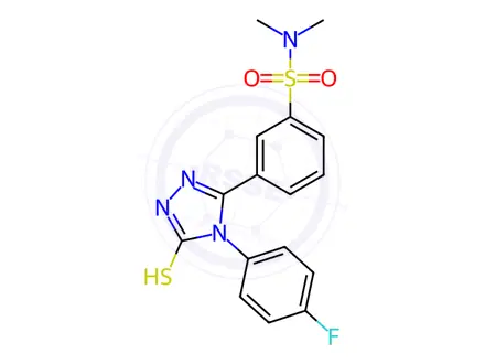 Chemical structure of 3-[4-(4-fluorophenyl)-5-sulfanyl-4H-1,2,4-triazol-3-yl]-N,N-dimethylbenzene-1-sulfonamide