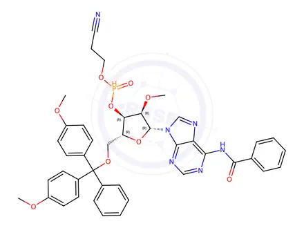 Chemical structure of (2R,3R,4R,5R)-5-(6-benzamido-9H-purin-9-yl)-2-((bis(4-methoxyphenyl)(phenyl)methoxy)methyl)-4-methoxytetrahydrofuran-3-yl (2-cyanoethyl) phosphonate