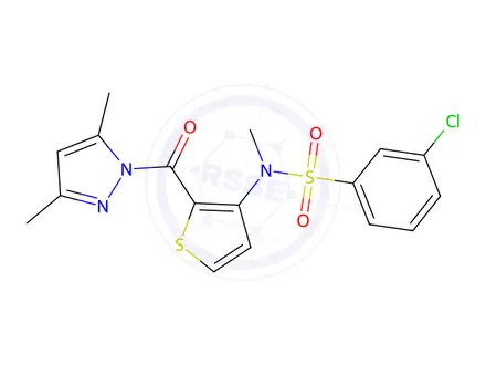 Chemical structure of 3-Chloro-N-(2-(3,5-dimethyl-1H-pyrazole-1-carbonyl)thiophen-3-yl)-N-methylbenzenesulfonamide