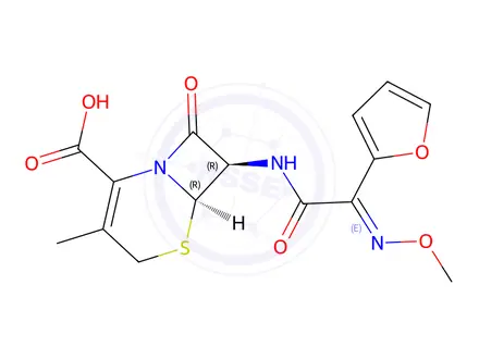 Chemical structure of (6R,7R)-7-((E)-2-(Furan-2-yl)-2-(methoxyimino)acetamido)-3-methyl-8-oxo-5-thia-1-azabicyclo[4.2.0]oct-2-ene-2-carboxylic acid