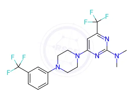 Chemical structure of N,N-dimethyl-4-(trifluoromethyl)-6-(4-(3-(trifluoromethyl)phenyl)piperazin-1-yl)pyrimidin-2-amine