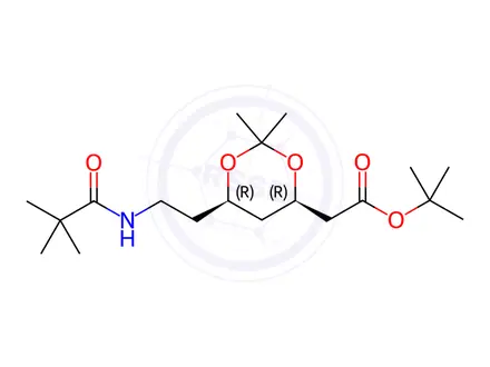 Chemical structure of tert-butyl 2-((4R,6R)-2,2-dimethyl-6-(2-pivalamidoethyl)-1,3-dioxan-4-yl)acetate