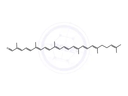 Chemical structure of (2E,4E,6E,8E,10E,12E,14E,16E,18E)-2,6,10,15,19,23-Hexamethyltetracosa-2,4,6,8,10,12,14,16,18,22-decaenal