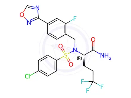 Chemical structure of (R)-2-[[4-chlorophenyl)sulfonyl][[2-fluoro-4-(1,2,4-oxadiazol-3-yl)phenyl]methyl]amino]-5,5,5-trifluoropentanamide