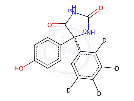 Chemical structure of 5-(4-Hydroxyphenyl)-5-phenyl D5-hydantoin-15N2
