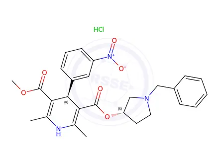 Chemical structure of 3-((S)-1-Benzylpyrrolidin-3-yl) 5-methyl (R)-2,6-dimethyl-4-(3-nitrophenyl)-1,4-dihydropyridine-3,5-dicarboxylate Hydrochloride