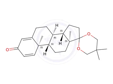 Chemical structure of 17-spiro(5,5-dimethyl-1,3-dioxan-2-yl)androsta-1,4-diene-3-one