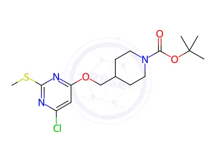 Chemical structure of tert-Butyl 4-(((6-chloro-2-(methylthio)pyrimidin-4-yl)oxy)methyl)piperidine-1-carboxylate