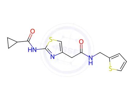 Chemical structure of N-(4-(2-Oxo-2-((thiophen-2-ylmethyl)amino)ethyl)thiazol-2-yl)cyclopropanecarboxamide