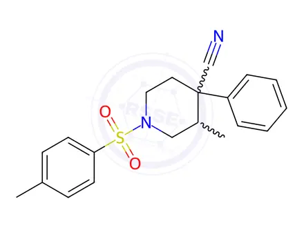 Chemical structure of 3-methyl-4-phenyl-1-(p-tolylsulphonyl)piperidine-4-carbonitrile