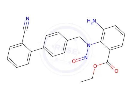 Chemical structure of Ethyl3-amino-2-(((2`-cyano-[1,1`-biphenyl]-4-yl)methyl)(nitroso)amino)benzoate