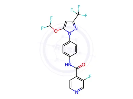Chemical structure of N-(4-(5-(Difluoromethoxy)-3-(trifluoromethyl)-1H-pyrazol-1-yl)phenyl)-3-fluoroisonicotinamide