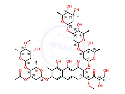 Chemical structure of Olivomycin D, 3[b]-O-(2, 6-dideoxy-3-C-methyl-4-O-(2-methyl-1-oxopropyl)-.alpha.-L-arabino-hexopyranosyl)-7-methyl-, reaction product with Whetzelinia sclerotiorum
