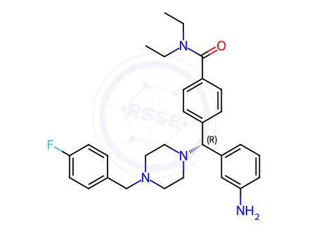 Chemical structure of 4-[(R)-(3-aminophenyl)({4-[(4-fluorophenyl)methyl] piperazin-1-yl})methyl]-N,N-diethylbenzamide trihydrochloride