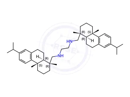 Chemical structure of 4-Thia-1-azabicyclo[3.2.0]heptane-2-carboxylic acid, 3,3-dimethyl-7-oxo-6-[(phenylacetyl)amino]-[2S-(2alpha,5alpha,6beta)]-, compd. with [1R-[1alpha(1R*,4aS*,10aR*),4abeta,10aalpha]]-N,N'-bis[[1,2,3,4,4a,9,10,10a-octahydro-1,4a-dimethyl-7-