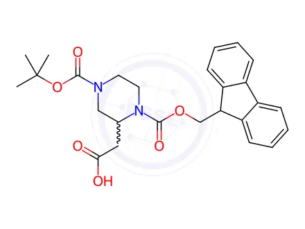 Chemical structure of N-4-Boc-N-1-Fmoc-2-piperazine Acetic Acid