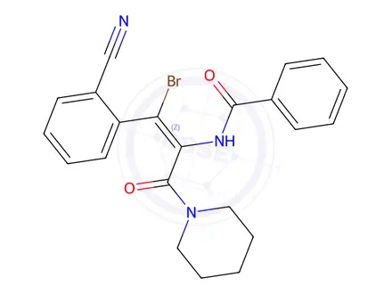 Chemical structure of (Z)-N-(1-Bromo-1-(2-cyanophenyl)-3-oxo-3-(piperidin-1-yl)prop-1-en-2-yl)benzamide