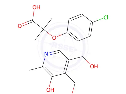 Chemical structure of 5-hydroxy-3,4-(hydroxymethyl)-6-methylpyridinium 2-(p-chlorophenoxy)-2-methylpropionate