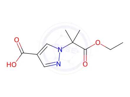 Chemical structure of 1-(1-Ethoxy-2-methyl-1-oxopropan-2-yl)-1H-pyrazole-4-carboxylic acid