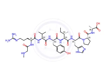 Chemical structure of Methylglycyl-L-arginyl-L-valyl-L-tyrosyl-L-isoleucyl-L-histidyl-L-prolyl-D-alanine